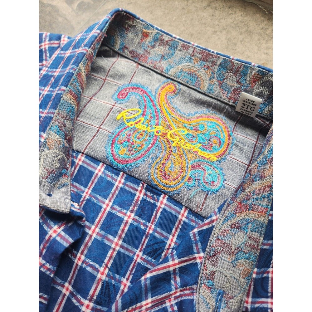 Robert Graham Shirt Button Up Paisley On Plaid Roll Over Cuff Knowledge Red Blue - Picture 10 of 16